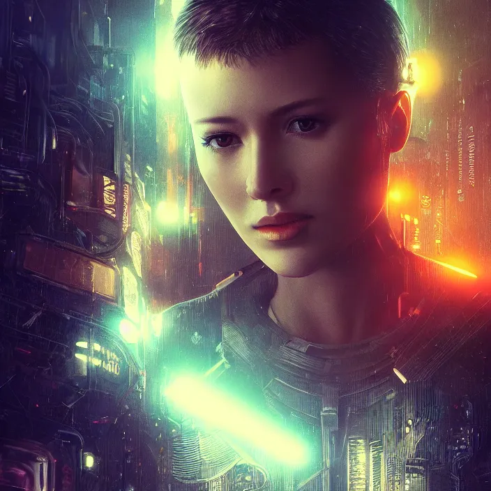 Image similar to portrait art of 8k ultra realistic retro , lens flare, atmosphere, glow, detailed,intricate,blade runner, cybernetic, full of colour, cinematic lighting, trending on artstation, 4k, hyperrealistic, focused, extreme details,unreal engine 5, cinematic, masterpiece, art by ayami kojima, giger