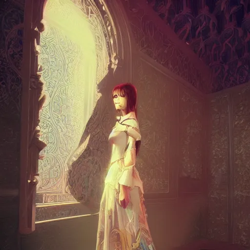Image similar to feminine nicolas cage in intricate clothing by ross tran, walking in a castle painted by sana takeda, rtx reflections, very high intricate details, digital anime art, medium shot, mid - shot, composition by ilya kuvshinov, lighting by greg rutkowski