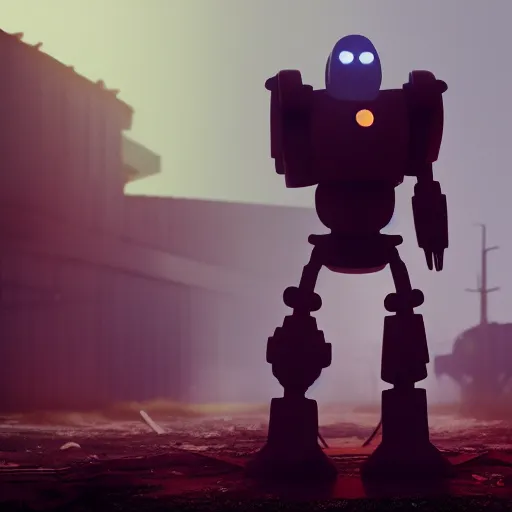 Image similar to The Iron Giant wandering a junkyard, mysterious, Octane Render, Raytracing, 135mm camera lens, moody lighting, dark