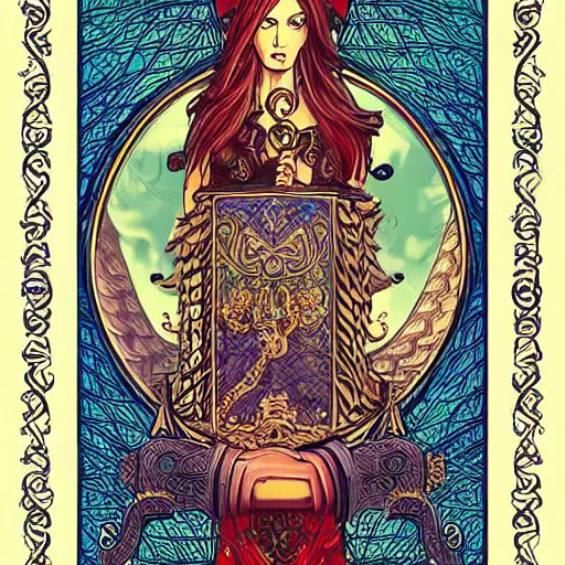 Image similar to tarot card style, lady luck on a tower, scales, sword, digital illustration, intricate, highly detailed, elegant, full color, cinematic lighting