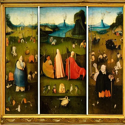 Image similar to The Haywain Triptych is a panel painting by Hieronymus Bosch