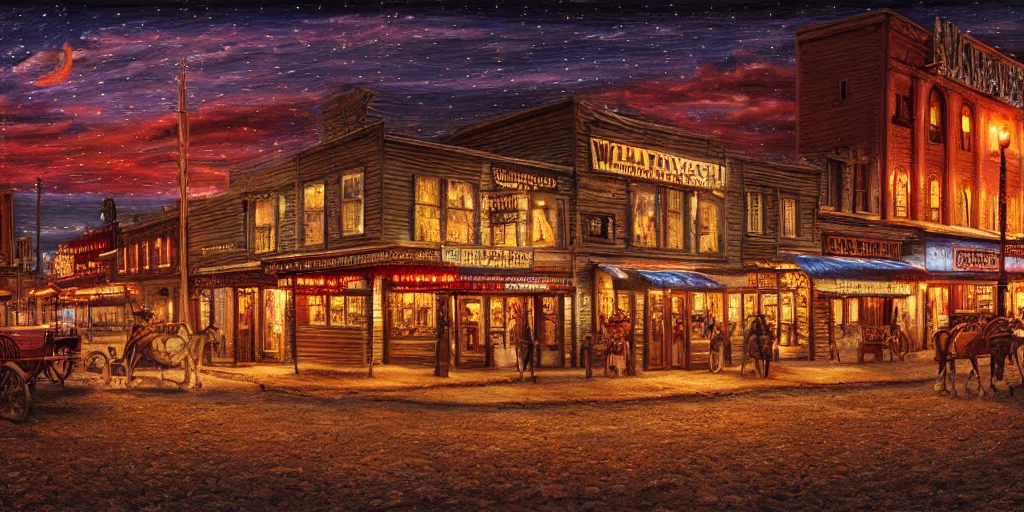 Image similar to photorealist painting of wild west small town, western, old west, nighttime, high production value, intricate details, high resolution, hyperrealistic, hdr, high definition, masterpiece, ultra realistic, highly detailed, hd, sharp focus, non blurry, sharp, smooth