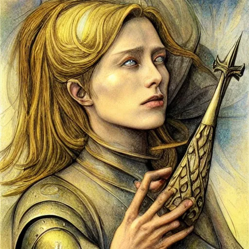 Image similar to most beautiful jeanne d'arc in the style of william blake, terese nielsen, detailed, intricate, beautiful faces, steve argyle, epic, mesmerizing, triumphant fate, pastoral fantastic reality