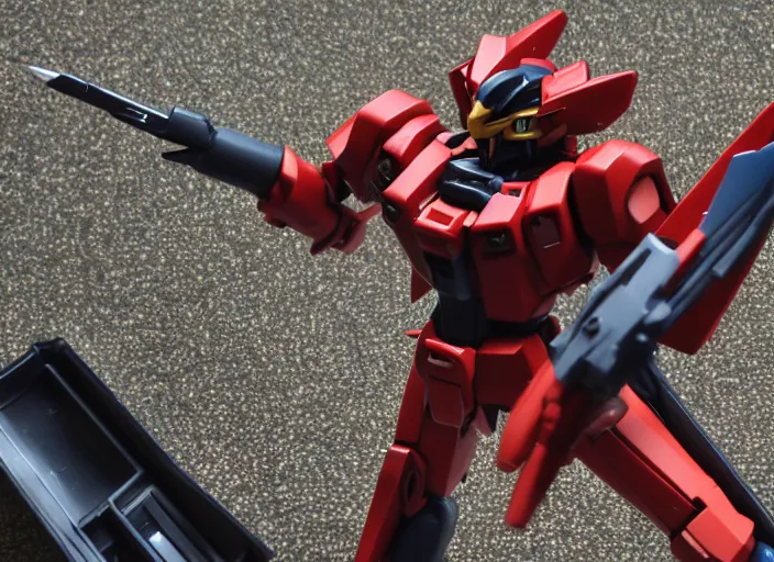 Prompt: Photo, Nikon, eBay, A Gundam plastic model straddles a red rocket.