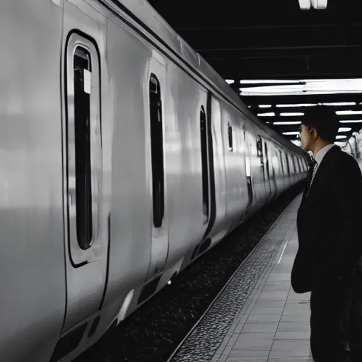 Image similar to a man in a suit waiting at a train station with a view of outer space on the other side, award-winning photograph