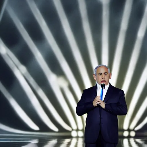 Image similar to photograph of benjamin netanyahu on stage singing in the eurovision representing israel, stage lighting, sharp focus, cinematic composition, wide shot, highly detailed