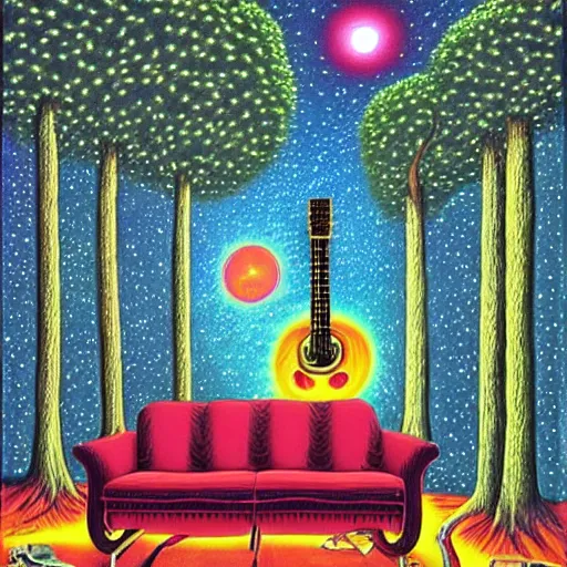 Prompt: psychedelic trippy couch pine forest, planets, milky way, guitar, sofa, cartoon by rob gonsalves