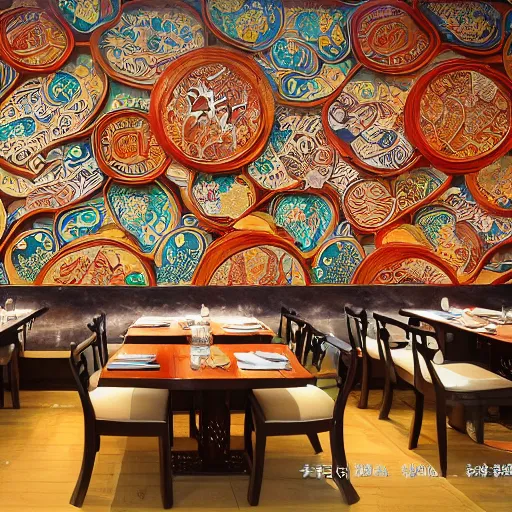 Image similar to a beautiful hyperdetailed 4 k hd wallpaper illustration interior of roasted string hotpot restaurant restaurant yan'an, wall painting, from china, with merchant logo, fine delicate structure, chinese style, victo ngai