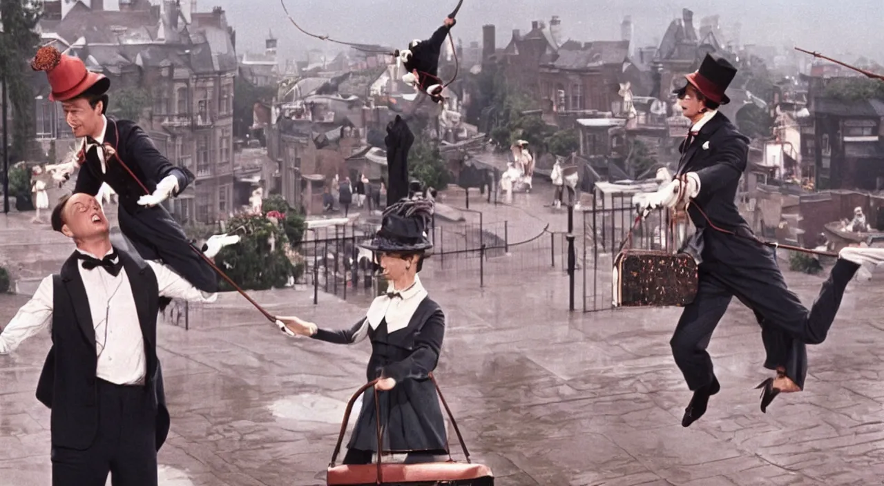 Image similar to Elon Musk as Mary Poppins, still from Mary Poppins (1964)