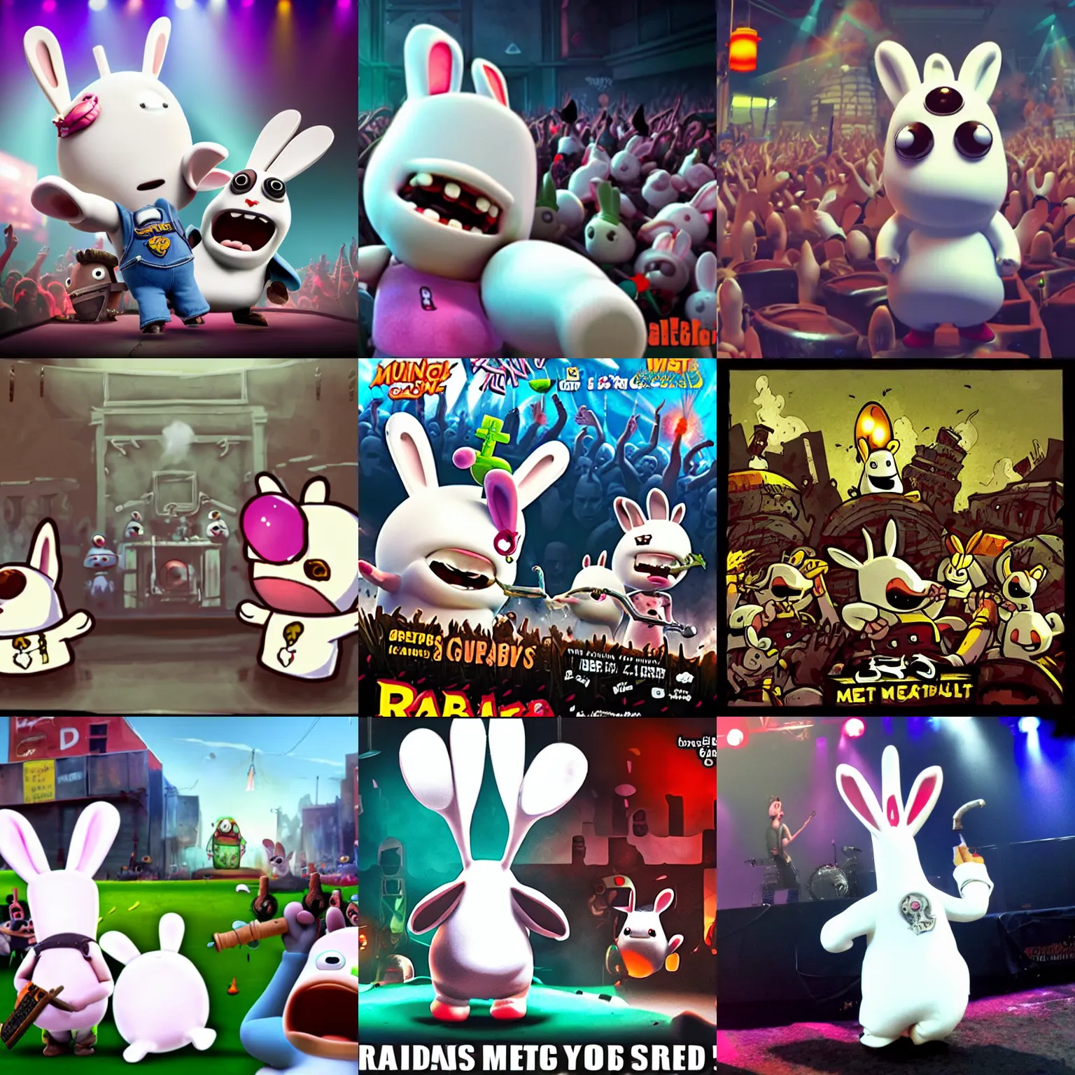 Prompt: rabbids at a metal concert, rabbid rayman