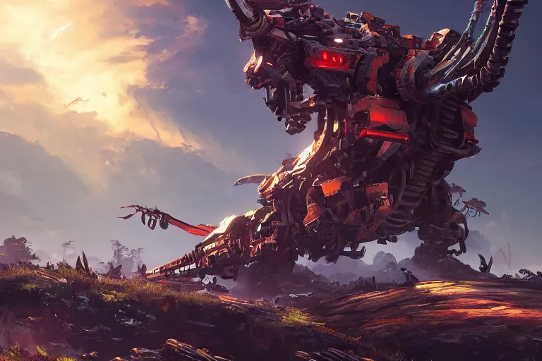 Image similar to ravager machine mecanical creature robot of horizon forbidden west horizon zero dawn radiating a glowing aura global illumination ray tracing hdr fanart arstation by ian pesty and alena aenami artworks in 4 k