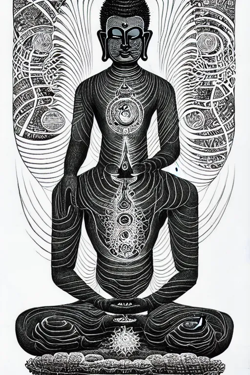 Image similar to a black and white drawing of chakra awakened ancient futuristic buddha meditating, bioluminescence, a detailed mixed media collage by eduardo paolozzi and ernst haeckel, intricate linework, sketchbook psychedelic doodle comic drawing, geometric, deconstructivism, matte drawing, academic art, constructivism