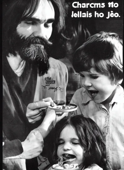 Prompt: vintage pharamaceutical magazine advertisement depicting charles manson feeding jello to children