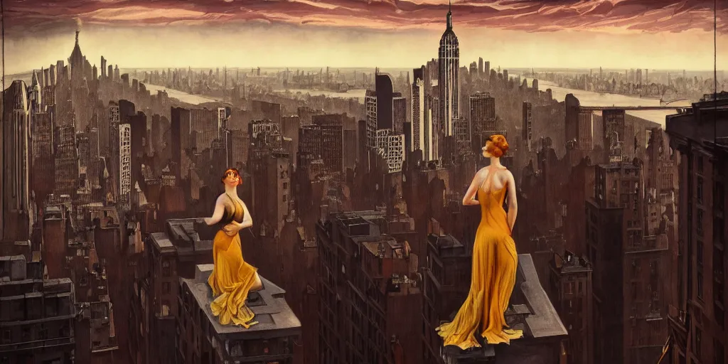 Prompt: a woman standing on a ledge overlooking an axonometric 1920s New York City at dawn, by Rolf Armstrong and Evelyn De Morgan and Bastien Lecouffe-Deharme, dramatic lighting, high contrast colors, baroque, empyrean, panoramic view, as trending on Artstation, highly detailed, doom engine,