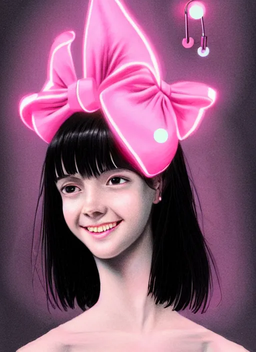 Image similar to portrait of teenage girl, realistic, black hair, bangs, half updo hairstyle, pointy nose, skinny, smile, ugly, defined jawline, big chin, pink hair bow, earrings, intricate, elegant, glowing lights, highly detailed, digital painting, artstation, sharp focus, illustration, art by wlop, mars ravelo and greg rutkowski