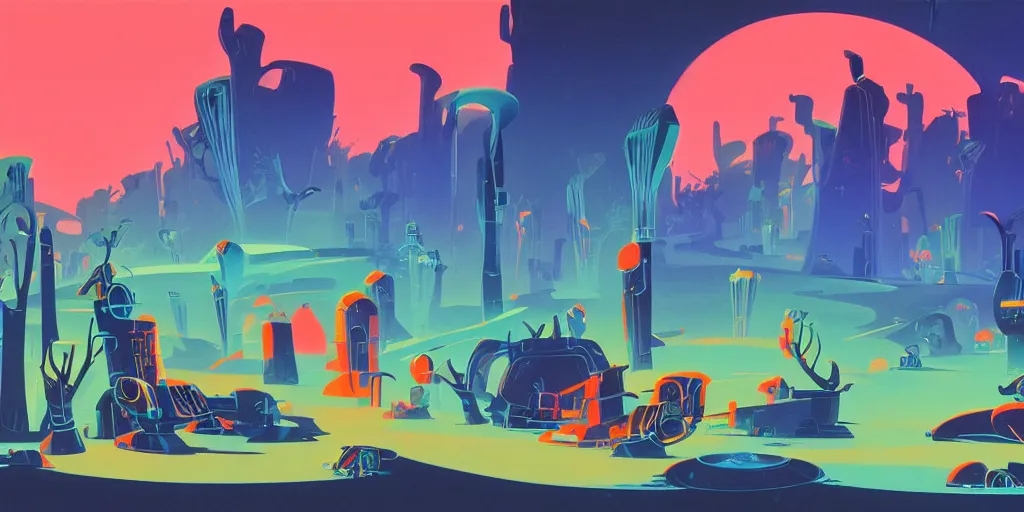 Prompt: futuristic pet graveyard, gouache, animated film, stylised, illustration, by eyvind earle, scott wills, genndy tartakovski, syd mead