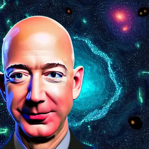 Image similar to Jeff Bezos as a terrifying cosmic horror with a thousand tentacles coming from his eyes and cracks in his head with a cosmic background. Epic digital art, extremely detailed, terrifying