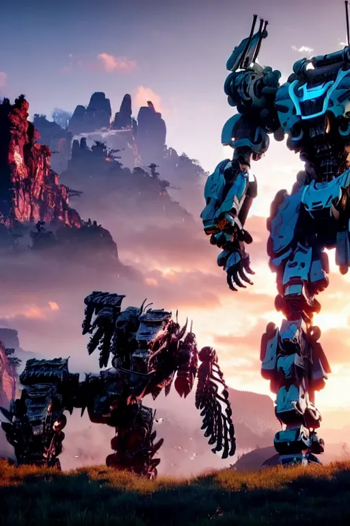 Image similar to a cinematic still from horizon zero dawn and pacific rim and westworld, full body mech, armored core, intact humanoid servo, octane render, nvidia raytracing demo, masterpiece, aged armor plating, decipticon armor plating, aggressive head, endoekeleton exposure