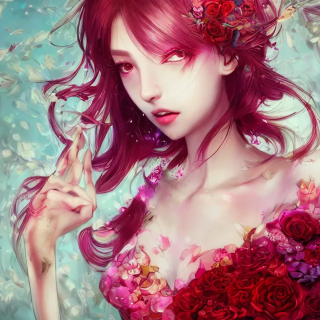 Image similar to studio portrait absurdly beautiful, elegant, graceful, young hypercolorful sensual anime girl rubies and red petals, ultrafine hyperrealistic detailed face illustration by kim jung gi, irakli nadar, intricate linework, sharp focus, bright colors, matte, octopath traveler, final fantasy, unreal engine highly rendered, global illumination, radiant light, intricate environment