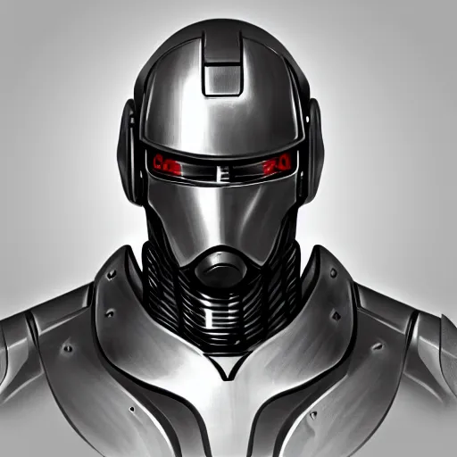 Image similar to character concept art of RoboCop with the face and hair of George Washington, realistic, digital art, trending on artstation