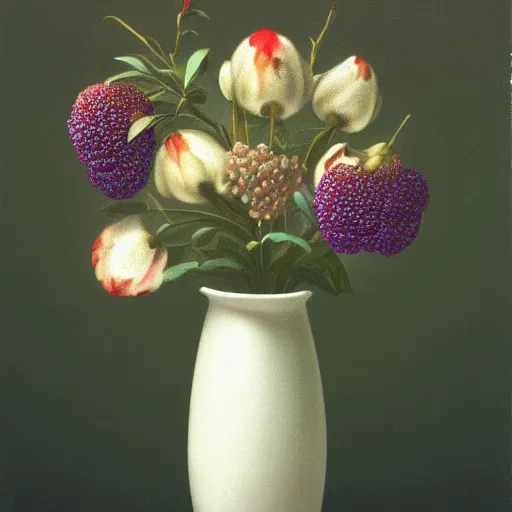 Prompt: a white ceramic vase, with colored flowers, with grapes, studio photo, photorealism, symmetry.