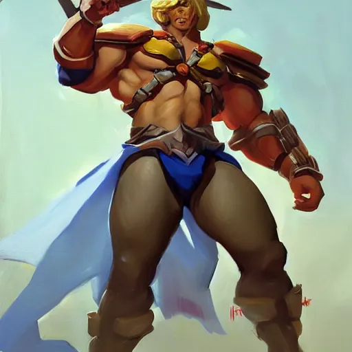Image similar to greg manchess portrait painting of gorgeous he - man the master of the universe as overwatch character, medium shot, asymmetrical, profile picture, organic painting, sunny day, matte painting, bold shapes, hard edges, street art, trending on artstation, by huang guangjian, gil elvgren, ruan jia, greg rutkowski, gaston bussiere