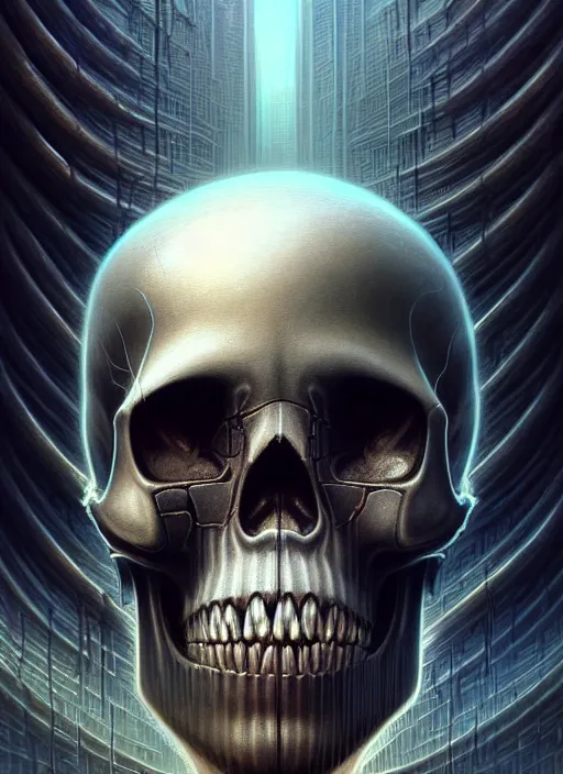 Image similar to closeup portrait shot of a cyberpunk skull in a scenic dystopian environment, intricate, elegant, highly detailed, centered, digital painting, artstation, concept art, smooth, sharp focus, illustration, artgerm, tomasz alen kopera, peter mohrbacher, donato giancola, joseph christian leyendecker, wlop, boris vallejo