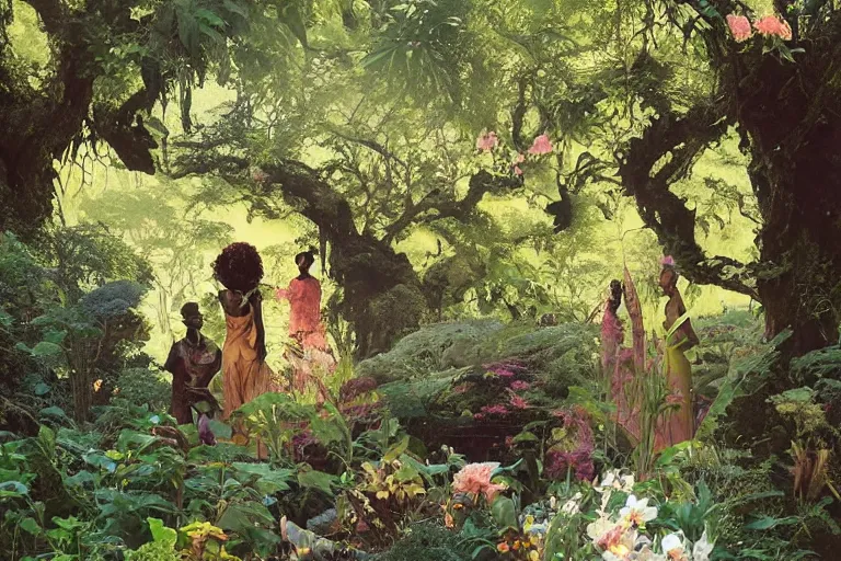 Prompt: illustration of elegant black woman watching spacecraft land in garden of stately home, flowers, baobab trees, distant town in valley and hills, by norman rockwell, jack kirby, john berkey, bergey, craig mullins, ruan jia, raymond swanland, jeremy mann, beksinski, tom lovell, alex malveda, schomburg