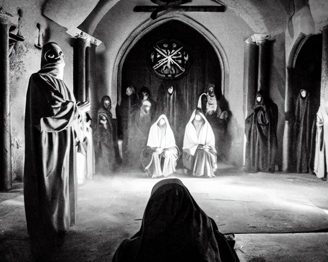 Image similar to a cultist ceremony, cultists with robes and masks, church interior, satanic church interior, the fog. horror lighting, found footage