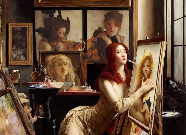 Image similar to a painter in his studio painting a picture of belle delphine by edgar maxence and caravaggio and michael whelan and delacroix style, artistic, intricate painting, cinematic lighting, hyper realistic, extremely detailed, establishing shot, 8 k resolution, dramatic lighting