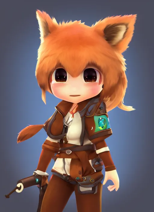 Image similar to female explorer mini cute girl, adoptable, highly detailed, rendered, ray - tracing, cgi animated, 3 d demo reel avatar, style of maple story and aura kingdom, maple story indiana jones, fluffy fox ears, dark skin, cool clothes, soft shade, soft lighting, portrait pose