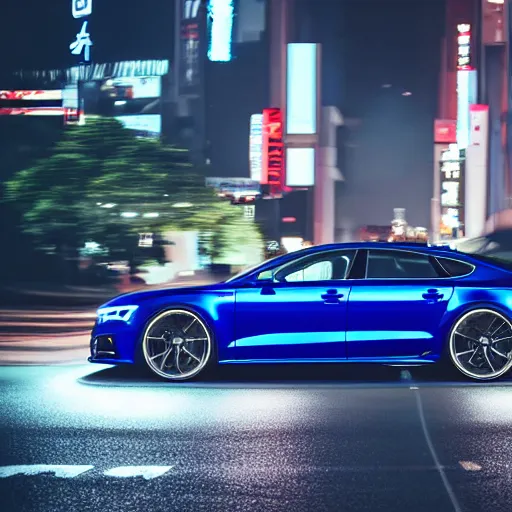 Image similar to photo of a dark - blue audi a 7 sportsback designed by aaple at night driving fast through a shibuya, cinematic, 4 k, long exposure photography, tokyo drift, fast and furious, kodak portra 4 0 0
