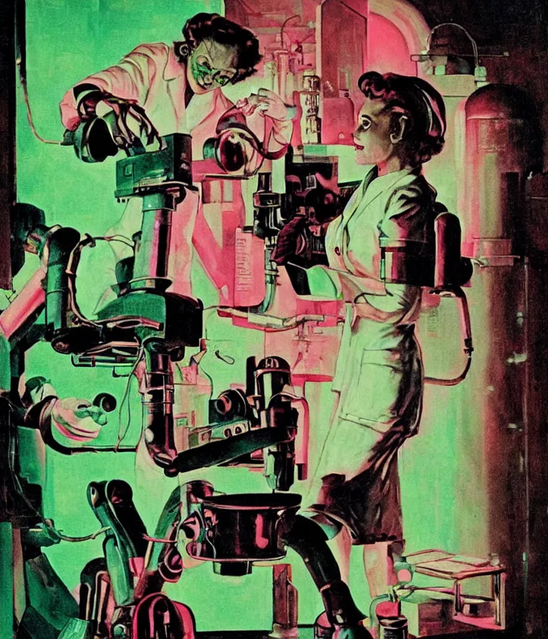 Prompt: a female mad scientist building a manly robot, in a darkly lit laboratory room, 1 9 5 0 s horror film movie poster style, ( norman rockwell oil painting ), retro science fiction, vintage, saturated pink and green lighting, shadowy lighting, cohesive