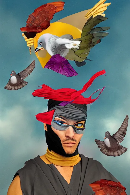 Image similar to a portrait of a pigeon ninja, in the style of david lachapelle