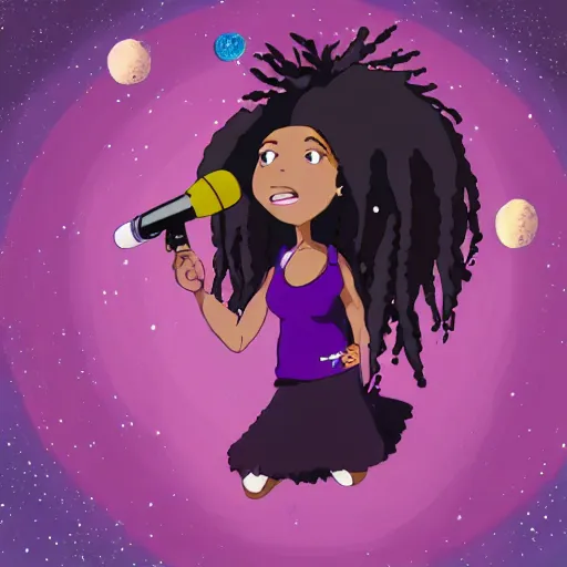 Image similar to black woman with purple dreads with a microphone in space in the style of ghibli