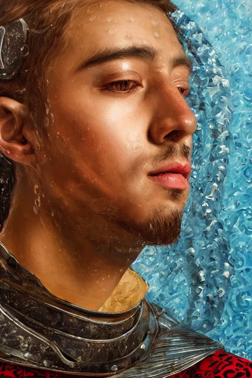 Image similar to hyperrealism oil painting, close-up portrait of medieval euopean fashion model, knight, steel gradient mixed with water swirls sky, in style of baroque mixed with 70s japan book art