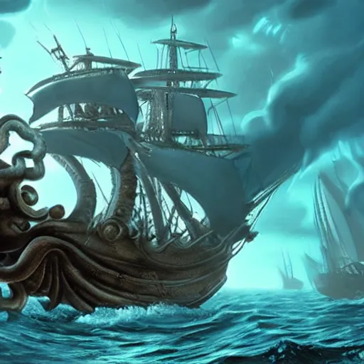 Prompt: kraken destroying a large galleon, ocean, photo realistic