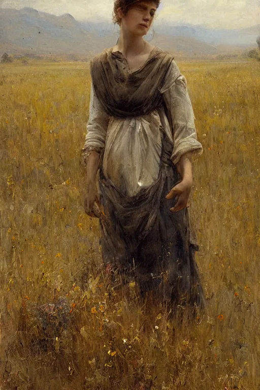 Image similar to Solomon Joseph Solomon and Richard Schmid and Jeremy Lipking painting full length portrait painting of a young woman working in the field