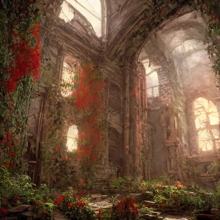 Prompt: a interior photo of a ruined church with a lot of red flowers growing inside at sunset, godrays, complementary colours, concept art, DeviantArt, Ferdinand Knab, beautiful, 8K,highly detailed, high quality spacious view in unreal engine rendering, CGSociety