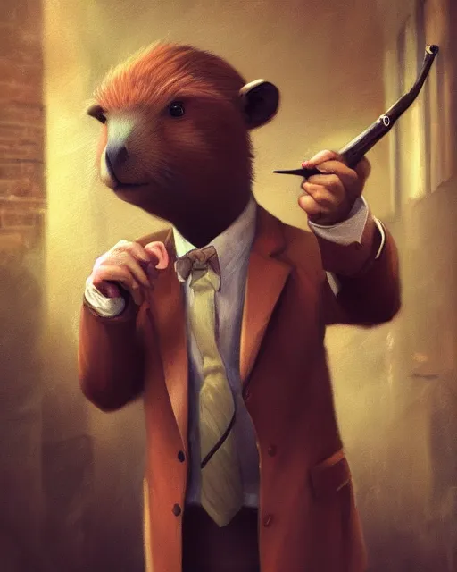 Prompt: oil painting of anthropomorphized capybara holding a smoking pipe, detective clothes, close shot, full body, dark london alley background, sharp focus, fantasy style, octane render, volumetric lighting, 8k high definition, by greg rutkowski, highly detailed, trending on art Station, dungeons and dragons artwork, centered