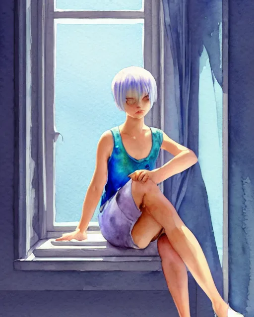 Prompt: watercolor painting of a pretty girl with short Blue hair, wearing a Tank top and shorts, sitting by a windowsill, In the style of ilya kuvshinov, dramatic lighting, fantasy, intricate, elegant, highly detailed, lifelike, photorealistic, digital painting, bokeh, HDR, high resolution, artstation, concept art, smooth, sharp focus, art by Krenz Cushart and Albert Aublet