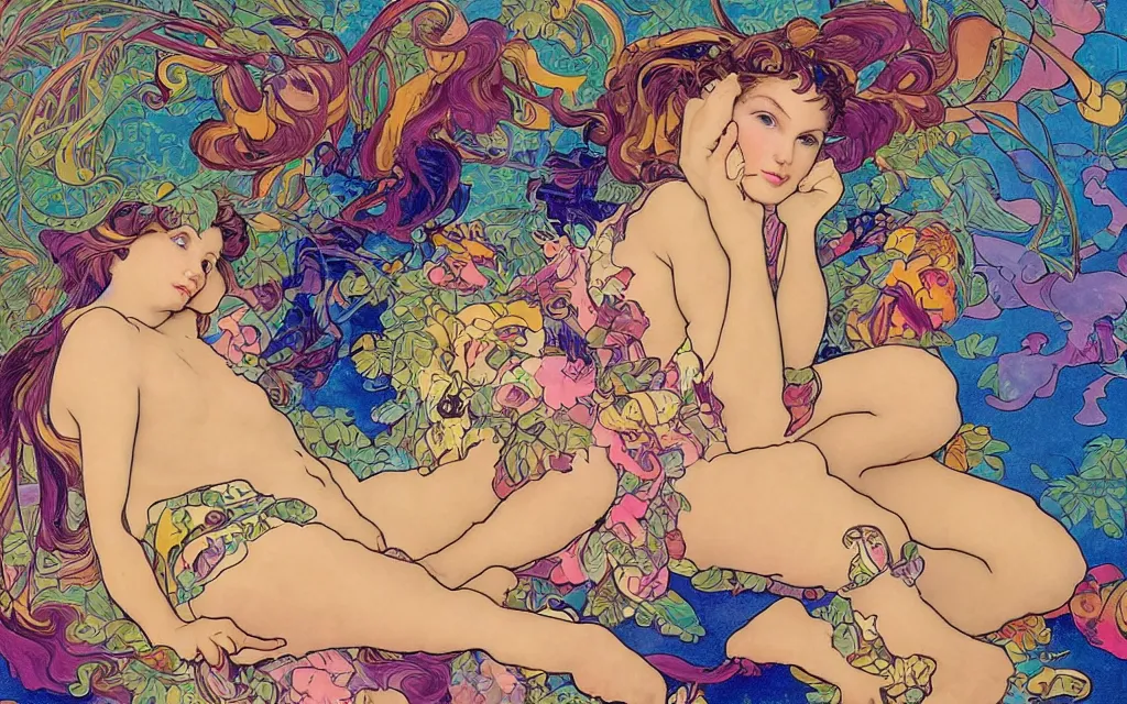 Image similar to i dream a dirty dream of you baby you're crawling on the bathroom floor in the style of lisa frank and alfons mucha