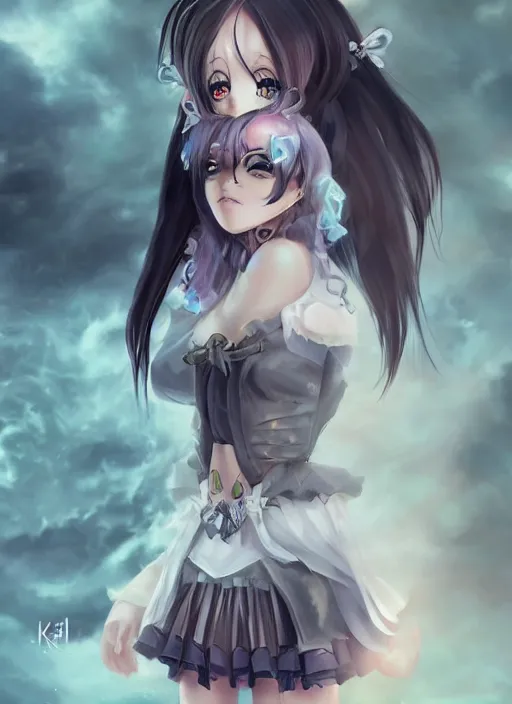 Prompt: kerli koiv as anime girl, kerli koiv as anime girl, gothic mini skirt and crop top, fine art, matte painting, digital art, concept art, artgerm,, rule of 3 rds,