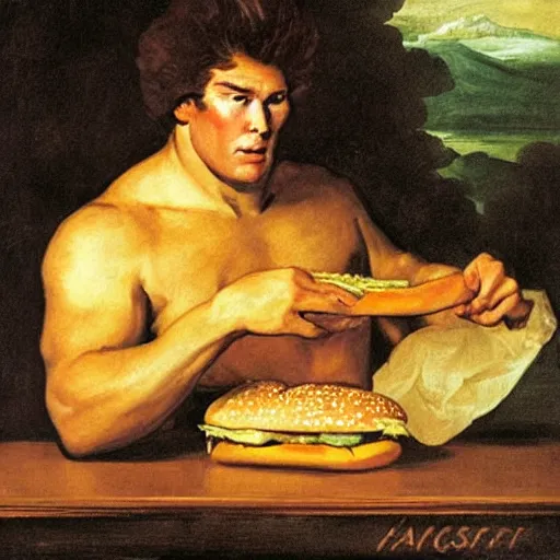 Prompt: Hasselhoff devouring his cheeseburger, painting by Francisco Goya
