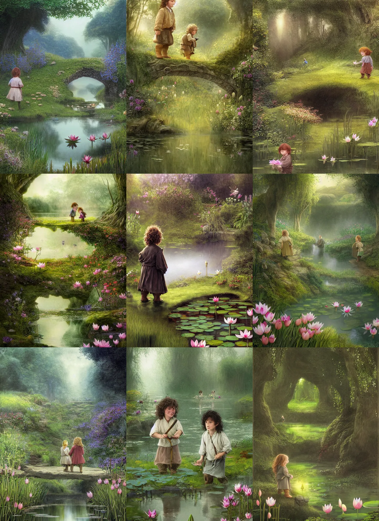 Prompt: two hobbit children backlit carrying flowers near a mirror like pond, by alan lee, springtime flowers and foliage in full bloom, lotus flowers on the water, dark foggy forest background, sunlight filtering through the trees, digital art, art station.