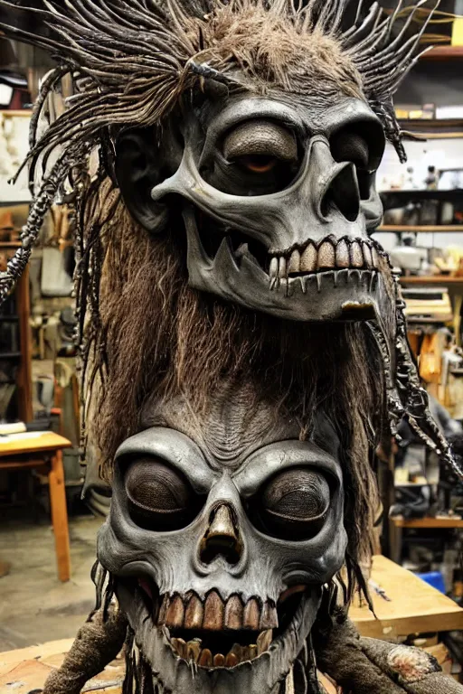 Prompt: photo taken of an epic intricate, ultra detailed, super realistic gritty, hero prop, exquisitely weathered animatronic movie prop of a lifelike sculpture of a tlaloc the god of the death creature displayed in the workshop, created by weta workshop, full body shot, photorealistic, sharp focus