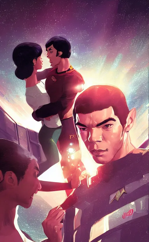 Image similar to Celia Rose Gooding as Uhura and Ethan Peck as Spock caught about to kiss, surprise, cute, innocent, soft lighting, standing in a starbase bar, In style of Yoji Shinkawa, wojtek fus, by Makoto Shinkai, concept art, highly detailed