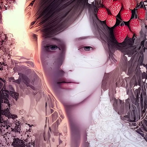 Image similar to the portrait of an absurdly beautiful, graceful, elegant, sophisticated, fashionable young woman made of strawberries and white petals with tears, an ultrafine hyperdetailed illustration by kim jung gi, irakli nadar, intricate linework, bright colors, octopath traveler, final fantasy, unreal engine 5 highly rendered, global illumination, radiant light, detailed and intricate environment