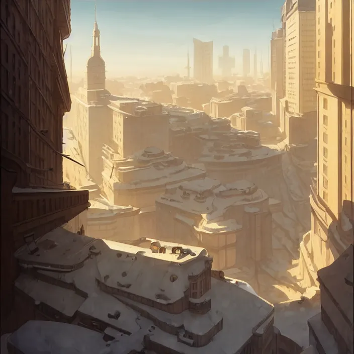 Image similar to empty huge city, winter, in the style of studio ghibli, j. c. leyendecker, greg rutkowski, artem