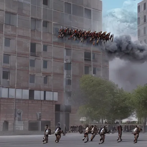 Image similar to Storming of the building by special forces, hyper realistic